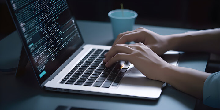 Software development concept. Coding programmer, software engineer working on laptop. AI generated