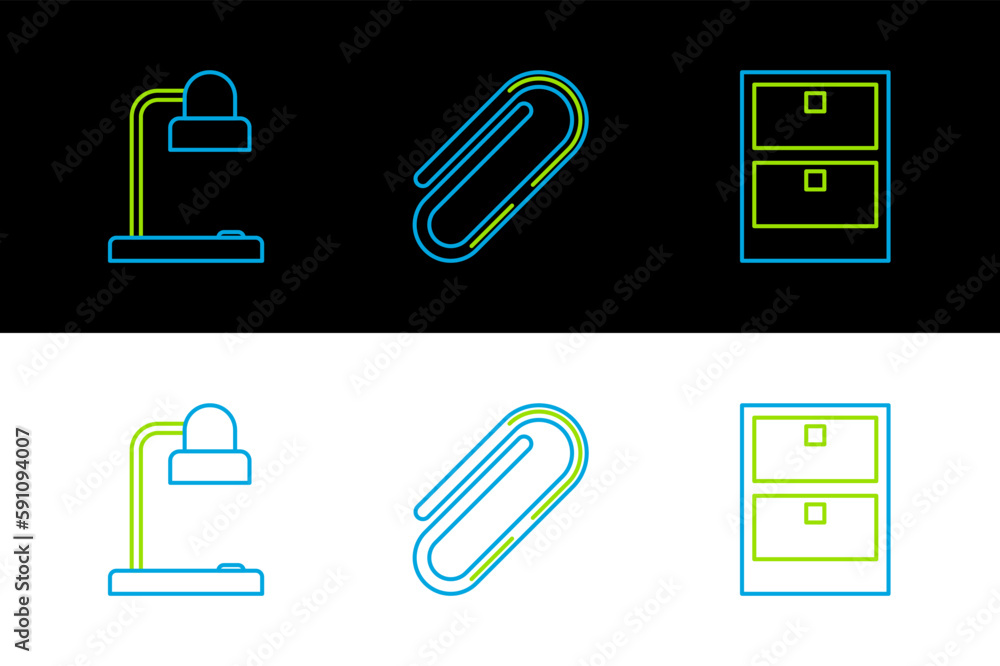 Sticker Set line Archive papers drawer, Table lamp and Paper clip icon. Vector