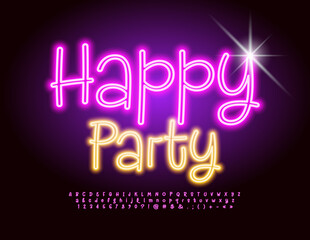 Vector funny poster Happy Party. Playful Glowing Font. Bright Alphabet Letters and Numbers set