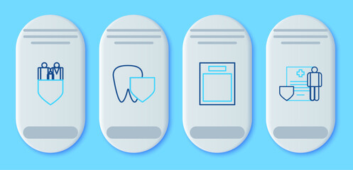 Set line Tooth with shield, Empty form, Family insurance and Medical clipboard clinical record icon. Vector