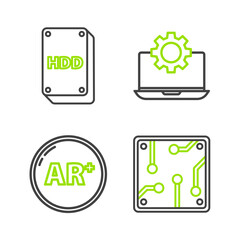 Set line Processor, Ar, augmented reality, Laptop and gear and Hard disk drive HDD icon. Vector