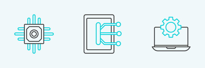 Set line Laptop and gear, Processor and Tablet icon. Vector