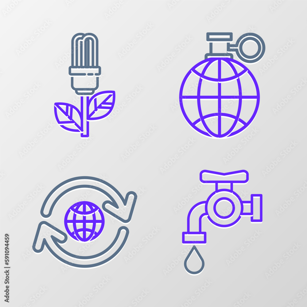 Sticker Set line Water tap, Planet earth and recycling, and Light bulb with leaf icon. Vector