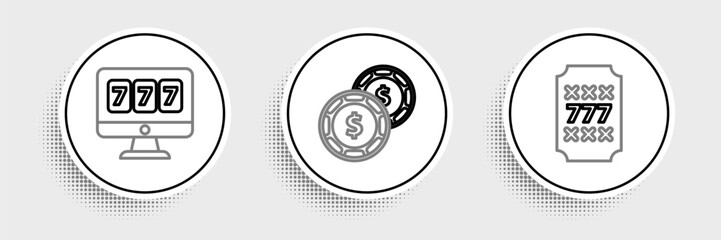 Set line Slot machine with lucky sevens jackpot, Online slot and Casino chip dollar icon. Vector