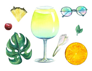 Beach cocktail, monstera leaf, plumeria flower, sunglasses, orange and pineapple slices. Watercolor illustration hand drawn. Tropical set of isolated objects on a white background.