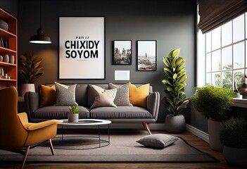 Cozy living room design, bright wall mockup, 3d render. Generative AI