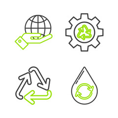 Set line Recycle clean aqua, symbol, and gear and Human hands holding Earth globe icon. Vector