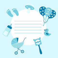 Vector card for a newborn baby boy with baby items
