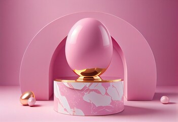 Glossy Pink Easter Round Podium for Product Display with 3D Egg Decoration. Generative AI