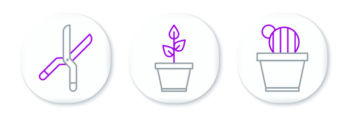 Set line Cactus and succulent in pot, Gardening handmade scissors and Plant icon. Vector