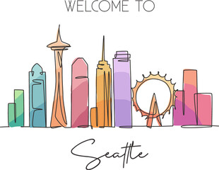 Obraz premium Single continuous line drawing of Seattle city skyline, USA. Famous city scraper and landscape home wall decor poster print art. World travel concept. Modern one line draw design vector illustration