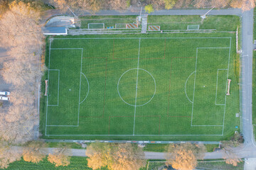 A soccer field viewed from above. A bit misshapen. A lawn robot mows the lawn.