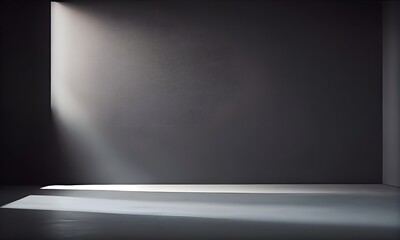 Empty light dark wall with beautiful chiaroscuro and wooden floor. Minimalist background for product presentation, mock up. Ai generative