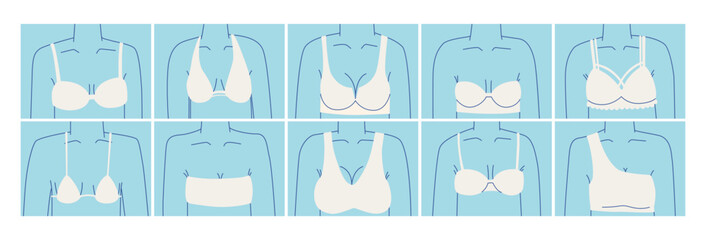 Silhouettes of a female bust in underwear. A set of various bras. Part of the body showing the shape of a bra or swimsuit. - obrazy, fototapety, plakaty