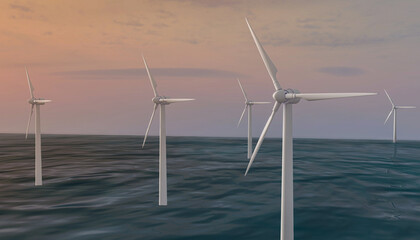 Wind turbine in the ocean, clean and sustainable energy concept.