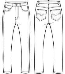 Women Straight Cut Denim Jeans Front and Back View. Fashion Illustration, Vector, CAD, Technical Drawing, Flat Drawing, Template, Mockup.	