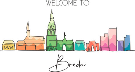 Single continuous line drawing of Breda city skyline, Netherlands. Famous skyscraper landscape postcard. World travel wall decor poster print concept. Modern one line draw design vector illustration