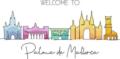 One single line drawing of Palma de Mallorca city skyline Spain. Historical skyscraper landscape in world. Best holiday destination wall decor poster. Continuous line draw design vector illustration © Simple Line