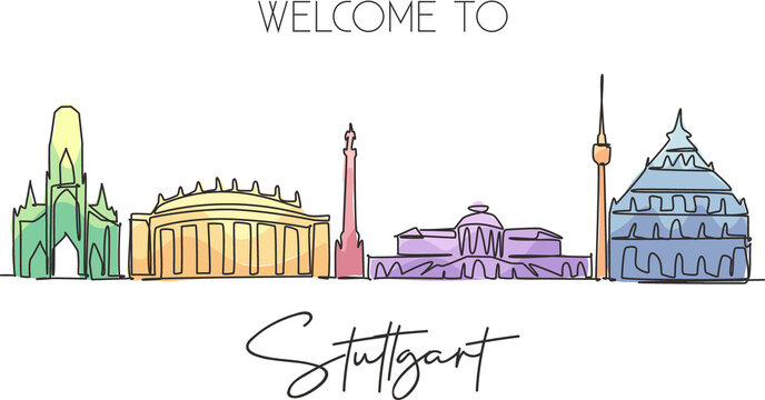 Single continuous line drawing of Suttgart city skyline, Germany. Famous skyscraper landscape. World travel home art wall decor poster print concept. Modern one line draw design vector illustration