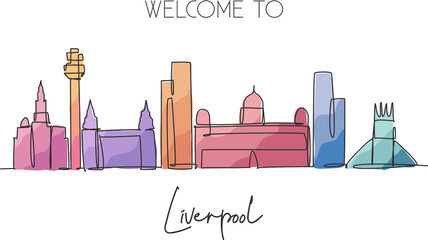 One single line drawing Liverpool city skyline. Historical city skyscraper landscape in world. Best destination home wall decor poster print concept. Continuous line draw design vector illustration