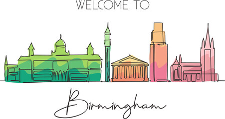 One continuous line drawing of Birmingham city skyline. Beautiful city skyscraper. World landscape tourism travel vacation home decor wall poster concept. Single line draw design vector illustration