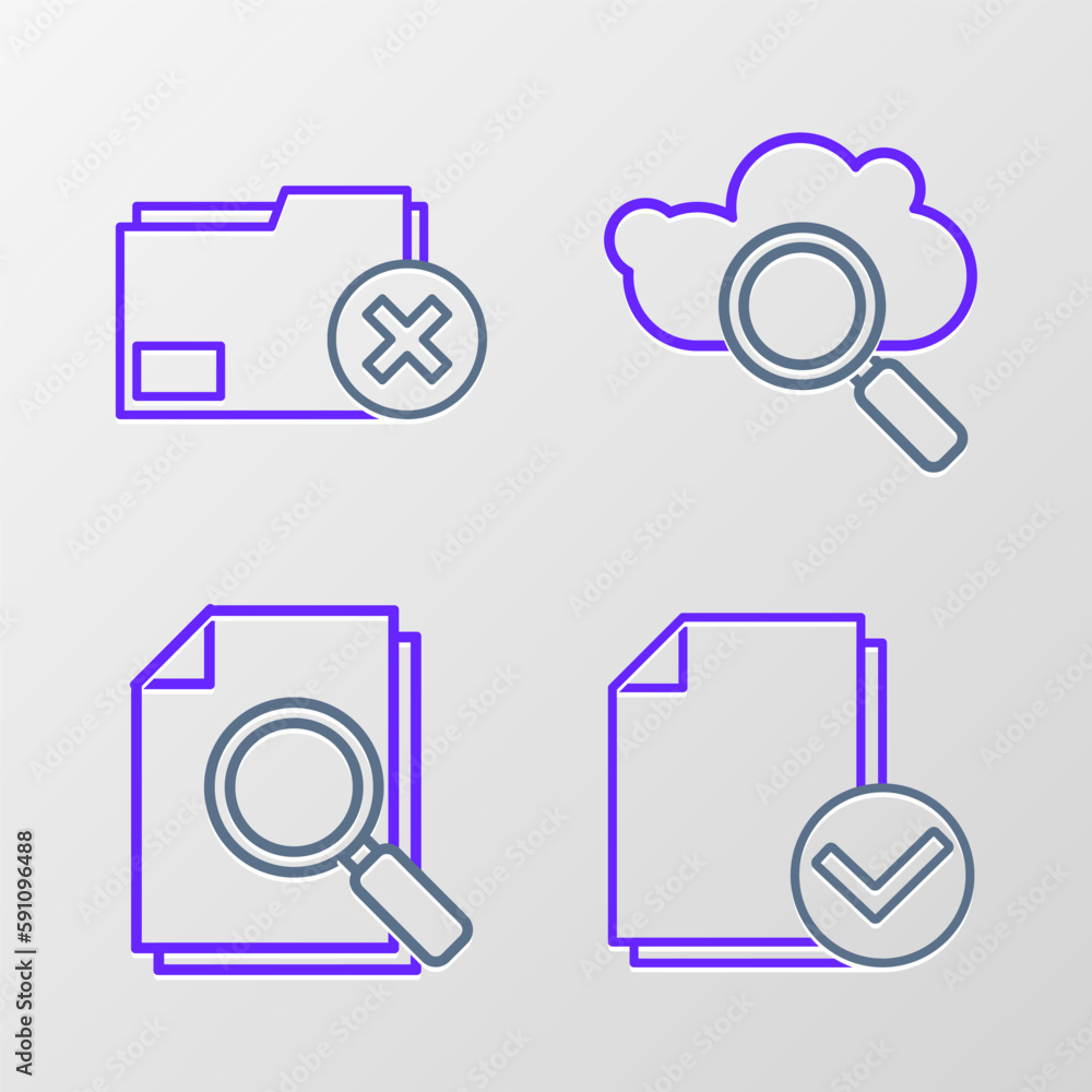 Poster Set line Document and check mark, with search, Search cloud computing and Delete folder icon. Vector