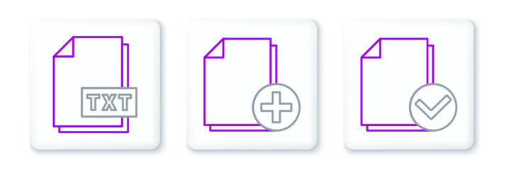 Set line Document and check mark, TXT file document and Add new icon. Vector