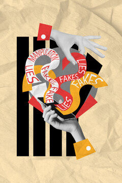 Vertical creative abstract photo collage of arm hold smartphone spread false news manipulate society isolated on pastel paper background