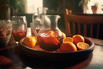 Glass jug and cups full of sweet Spanish sangria made of fruits. generative ai.