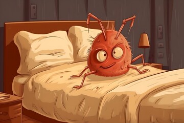 Cartoon dust mite resting in human bed, generative ai