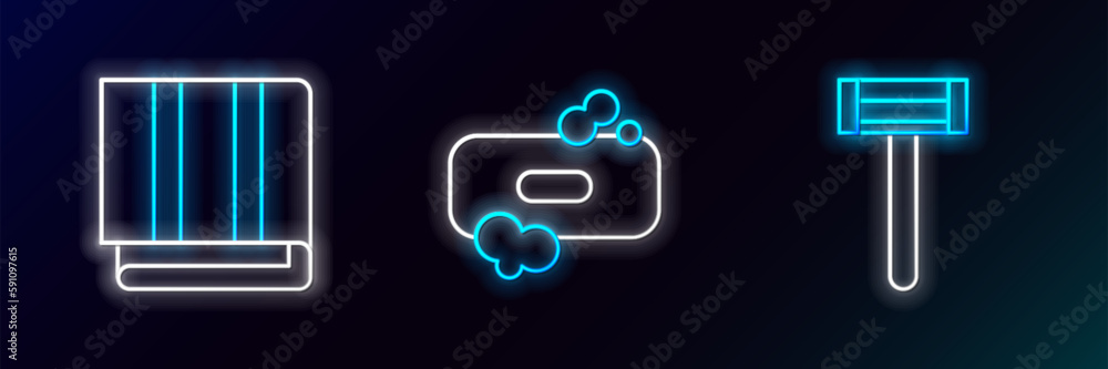 Poster set line shaving razor, towel stack and bar of soap icon. glowing neon. vector