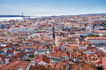 Aerial view from Castle of Saint George or Sao Jorge to the historical centre of Lisbon, Portugal