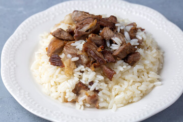 Traditional Turkish food; Roasted meat on rice (Turkish name; pilav üstü kavurma, kurban kavurma)