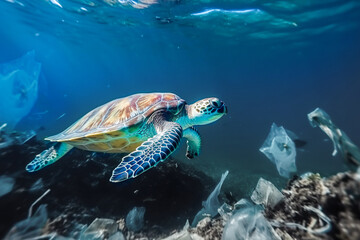 Obraz na płótnie Canvas Wasserschildkröte zwischen Plastikmüll und einem toten Korallenriiff with Generative KI