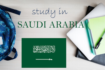 Study in Saudi Arabia. Background with notepad, laptop and backpack. Education concept.