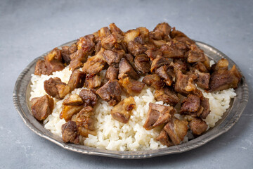 Traditional Turkish food; Roasted meat on rice (Turkish name; pilav üstü kavurma, kurban kavurma)