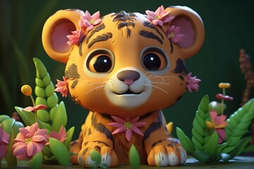 Cute tiger with flower