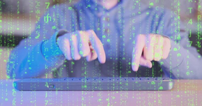 Man types on keyboard only with index fingers. Front view, blue-red flashing light, falling symbols of green matrix code, vfx. Concept of programming for dummies, abstraction, cyber criminal, hacker