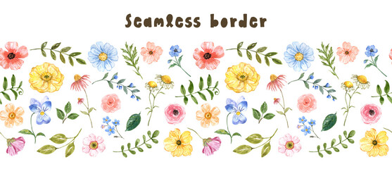 Fototapeta na wymiar Floral seamless border with cute summer wildflowers and green leaves. Watercolor hand-painted illustration. A cartoon-style plant pattern.