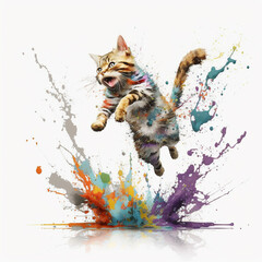 TABBY CAT JUMPING WITH COLOUR SPLASH