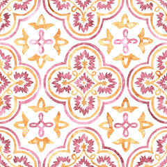 Seamless watercolor tile pattern. Square ceramic tiles for floor. Handwork with paints on paper. Vintage illustration.