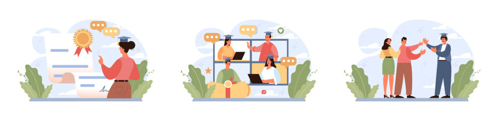 High school or college graduation set. Celebration and diploma awarding