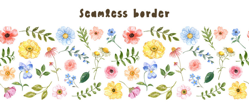 Floral seamless border with cute summer wildflowers and green leaves. Watercolor hand-painted illustration. A cartoon-style plant pattern.