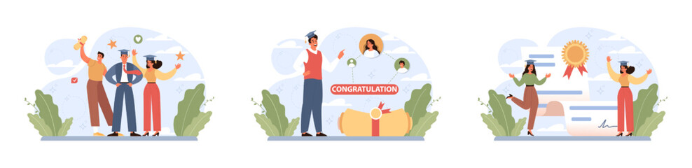 High school or college graduation set. Celebration and diploma awarding