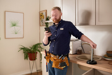Mature repairman typing message on mobile phone while working with faucet in domestic kitchen