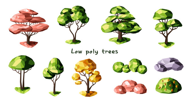 Set of low poly trees, bushes, and stones. Geometric 3D trees. Entourage elements for the landscape design. Vector.