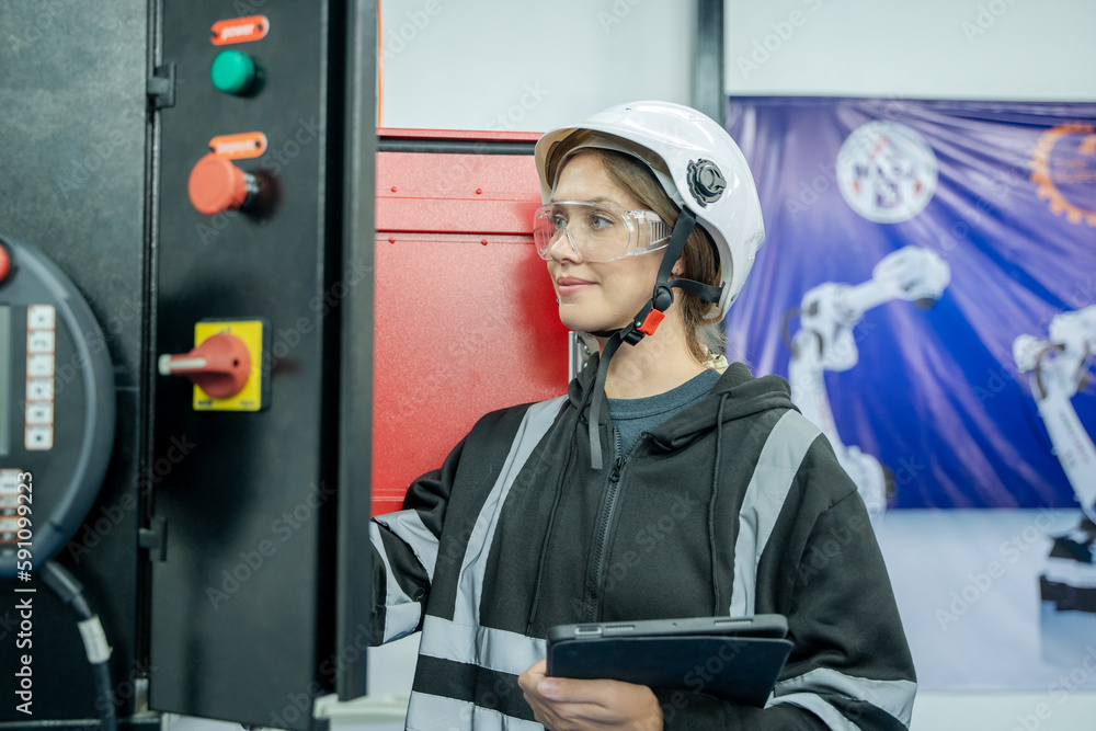 Poster Technical engineer using measuring equipment to checking electrical current voltage at circuit breaker and cable wiring system for maintenance in main power distribution board.