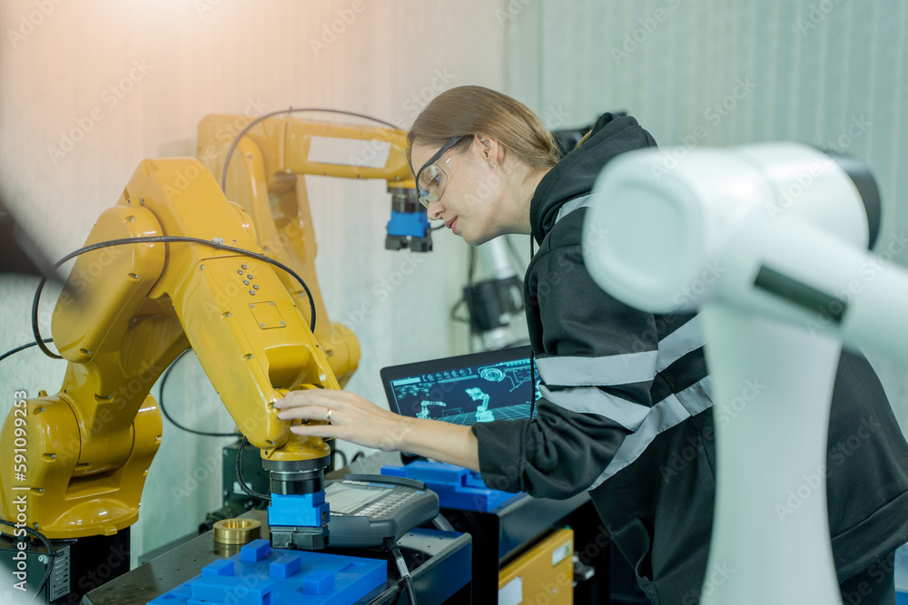 Poster robotics industry concept,robotics control engineers setting and maintain spare parts of industrial 