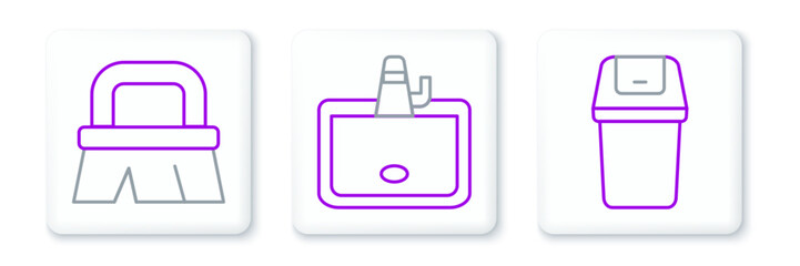 Obraz premium Set line Trash can, Brush for cleaning and Washbasin icon. Vector