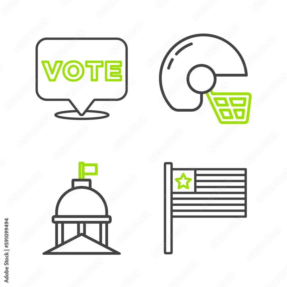 Sticker set line american flag, white house, football helmet and vote icon. vector